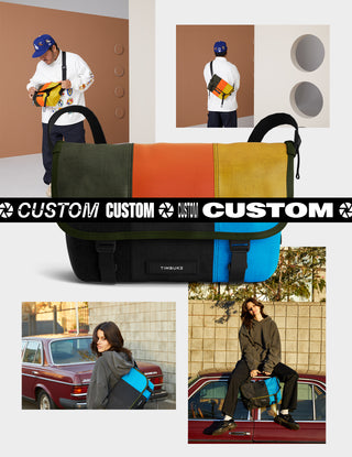Man and woman wearing Timbuk2 Custom Backpacks and Messenger Bags.